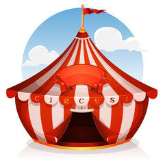 插图卡通白色和红色的大前马戏团帐篷背景与选框横幅蓝色的天空背景大前马戏团与横幅