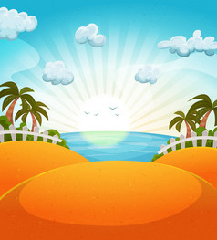 插图卡通夏天海洋海滩景观与棕榈树和太阳闪亮的卡通夏天海滩景观