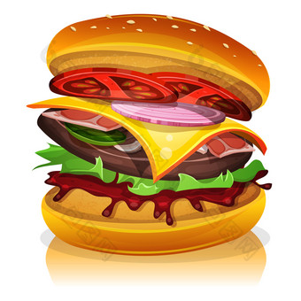 大培根汉堡插图设计大培根汉堡图标与牛肉牛排沙拉西红柿和洋葱为快食物零食和<strong>外卖菜单</strong>