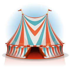 大前马戏团帐篷插图卡通大前马戏团帐篷与红色的蓝色的和白色条纹为游乐场和狂欢节假期孤立的白色