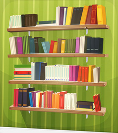 卡通图书馆书架上的墙插图卡通首页学校图书馆商店木书架上完整的书