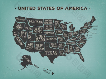 插图古董难看的东西变形美国地图背景与的<strong>名字</strong>的五十州古董美国地图海报与州的<strong>名字</strong>