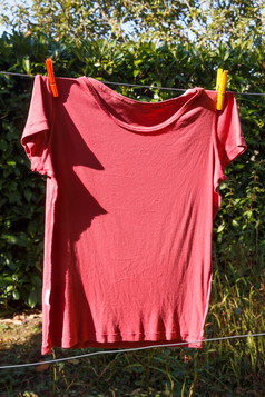 红色的t恤干燥洗行花园