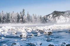 冬天景观湖与有雾的表面岩石和树河银行是覆盖与雪
