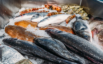 高角仍然生活各种生新鲜的鱼令人心寒的床上冷冰海鲜市场摊位高角仍然生活各种生新鲜的鱼令人心寒的床上冷冰海鲜市场摊位