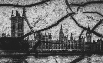 房子议会和大我伦敦叠加与裂缝单色英国脱欧主题房子议会和大我伦敦与深裂缝比喻为障碍英国脱欧主题