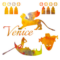 威尼斯集水彩对象贡多拉狮子面具威尼斯集水彩对象贡多拉狮子面具为明信片装饰