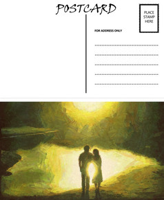白色空明信片模板与太阳反射夫妇图像