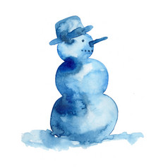 水彩插图与圣诞节雪人蓝色的颜色新一年假期象征孤立的白色背景雪字符与胡萝卜和他手艺术画元素为卡水彩插图与圣诞节雪人蓝色的颜色新一年假期象征孤立的白色背景雪字符与胡萝卜和他手艺术画元素为卡