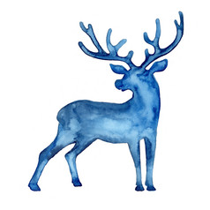 水彩完整的轮廓鹿蓝色的颜色动物绘画阉割过的雄鹿和鹿角圣诞节插图孤立的白色背景装饰新一年象征为打印装饰模式驯鹿水彩完整的轮廓鹿蓝色的颜色动物绘画阉割过的雄鹿和鹿角圣诞节插图孤立的白色背景装饰新一年象征为