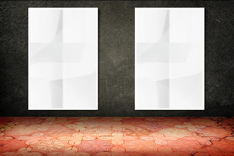 空房间与挂空白皱巴巴的白色海报黑色的石头墙和古董模式砖地板上模板模拟为显示你的内容