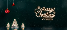 快乐圣诞节和快乐新一年文本发光的圣诞节树灯灯与红色的装饰物挂黑暗蓝色的绿色背景与雪下降冬天假期问候卡