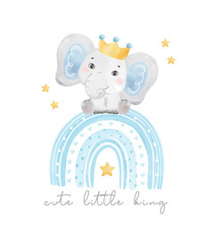 可爱的小王婴儿蓝色的男孩大象坐着蓝色的彩虹婴儿淋浴生日动物水彩手画向量