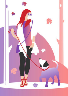 走的狗的秋天女人面具走在的树与她的狗平光栅插图