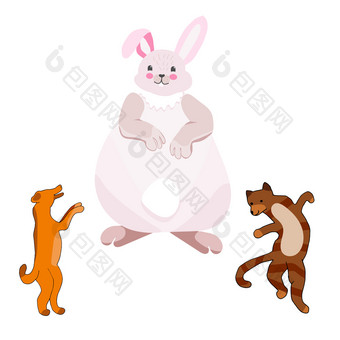 脂肪巨大的兔子与可爱的跳舞狗和猫卡通字符插图手画草图集文本框架白色背景脂肪兔子与跳狗和玩猫