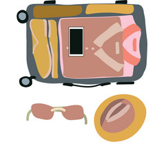 向量插图前视图行李前视图行李与他和太阳镜开放包装手提箱广告海报横幅和网络设计前视图行李与他和太阳镜