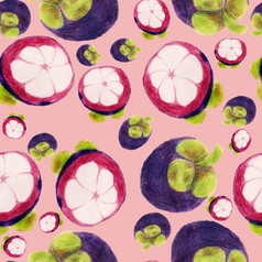 无缝的模式与手画紫色的山竹果山山竹果水果没完没了的粉红色的背景水果纹理与亚洲热带夏天设计无缝的模式与紫色的山竹果