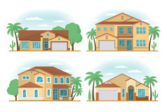 集前视图美国亚利桑那州风格郊区私人房子平设计向量插图集前视图美国亚利桑那州风格郊区私人房子