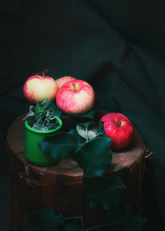 成熟的苹果和干薄荷杯木树桩对黑暗粗麻布秋天仍然生活与空间为复制成熟的苹果和干薄荷