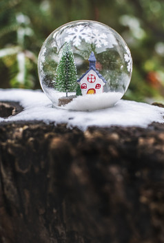 透明的cristalball与圣诞节树和房子内部雪圣诞节球