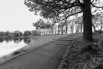 <strong>大气场景</strong>池塘树和小径黑色的和白色inverleith公园爱丁堡苏格兰春天下午