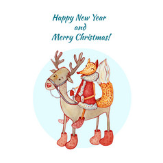 圣诞节和新一年卡与狡猾的狐狸骑鹿水彩插图白色背景圣诞节字符