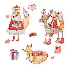 集三个狡猾的狐狸和一个驯鹿与礼物盒子和心手绘水彩