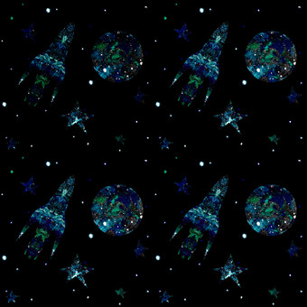 空间无缝的模式黑色的背景与星星行星星系和火箭星星对的晚上天空空间无缝的模式黑色的背景与星星行星和火箭