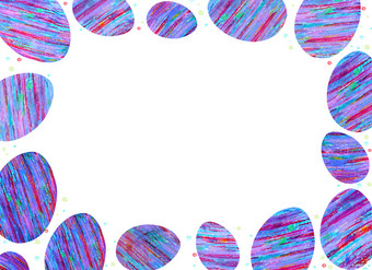 水平矩形框架与复活节鸡蛋与模式蓝色的紫色的黄色的绿色和红色的条纹的地方为文本白色背景五彩缤纷的五彩纸屑水平框架与复活节鸡蛋与模式紫色的和蓝色的条纹