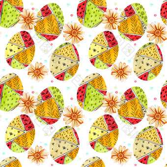 无缝的模式与复活节鸡蛋与色彩斑斓的模式涂鸦风格春天假期画鸡蛋与黄色的雏菊几何形状植物和糖果粉无缝的模式与复活节鸡蛋与色彩斑斓的模式涂鸦风格