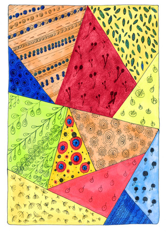 摘要色彩斑斓的背景涂鸦风格垂直拼接而成背景红色的橙色黄色的绿色和蓝色的三角形手画插图与几何形状浆果叶子和树摘要色彩斑斓的背景涂鸦风格