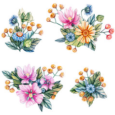 水彩插图与花束野花为婚礼花卡与粉红色的锦葵花黄色的洋甘菊黄色的艾菊和蓝色的黛西秋天夏天和春天季节水彩插图与花束野花