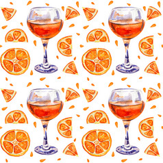 无缝的模式与眼镜橙色汁夏天柑橘类异国情调的喝片橙色手绘水彩明亮的背景为印刷织物包装纸无缝的模式与眼镜橙色汁