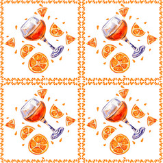 无缝的背景与眼镜橙色汁夏天柑橘类异国情调的喝片橙色手画水彩无缝的背景与眼镜橙色汁