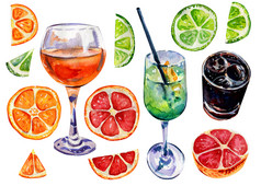 夏天集与饮料和水果片橙色石灰和葡萄柚橙色汁古巴自由绿色鸡尾酒夏天集与饮料和水果