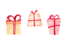 集三个圣诞节礼物节日盒子包装纸与红色的丝带明亮的彩色的对象孤立的白色背景新一年概念节日盒子包装纸与红色的丝带