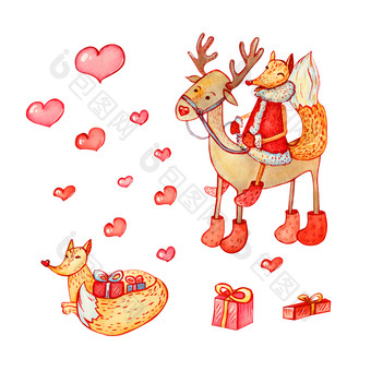 红色的狐狸坐着驯鹿圣诞节字符与盒子系与丝带和孤立的心红色的<strong>森林动物</strong>温暖的衣服水彩集为的冬天季节集圣诞节字符狐狸和鹿