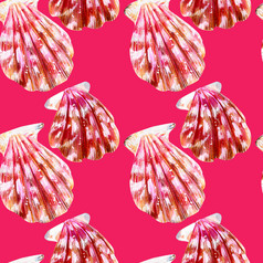 无缝的模式孤立的海贝壳扇贝妈妈。珍珠与粉红色的蛤扇贝科霓虹灯粉红色的背景自然的世界海洋夏天季节无缝的模式孤立的海贝壳扇贝