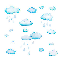 集与水彩卡通雨云white-blue云画手和孤立的白色背景软毛茸茸的圆形的形状与的纹理水彩纸与大雨滴集与水彩卡通云