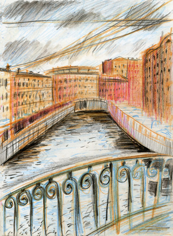 城市景观与水彩铅笔griboyedov运河俄罗斯彼得堡雨云的栅栏的桥的概念秋天和春天为专辑封面为画速写本水彩城市景观行艺术颜色铅笔