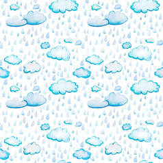 无缝的模式与水彩云和雨white-blue卡通云白色背景软毛茸茸的圆形的形状与的纹理水彩纸与大雨滴无缝的模式与水彩云和雨