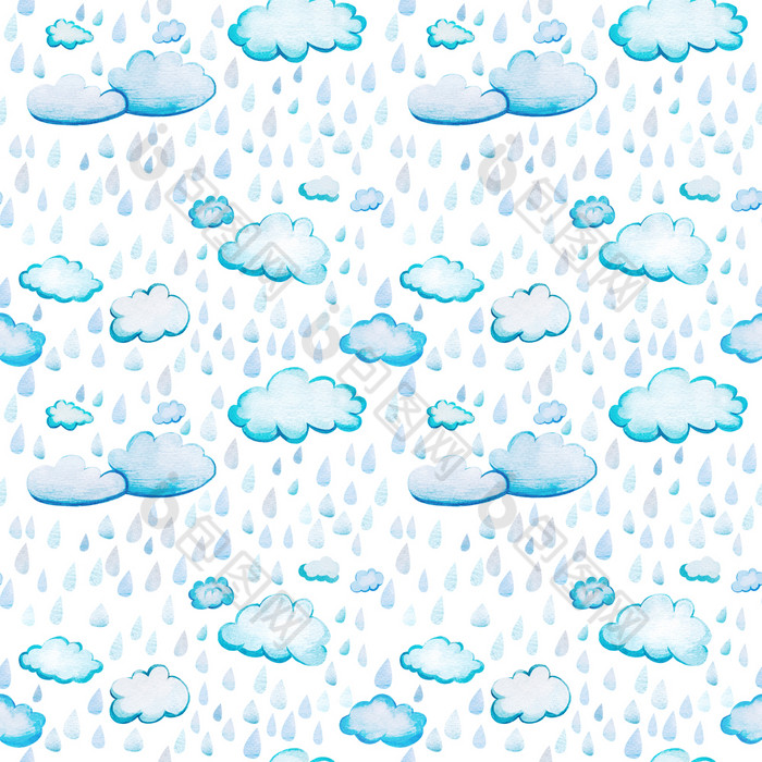 无缝的模式与水彩云和雨white-blue卡通云白色背景软毛茸茸的圆形的形状与的纹理水彩纸与大雨滴无缝的模式与水彩云和雨
