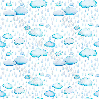 无缝的模式与水<strong>彩云</strong>和雨white-blue卡通云白色背景软毛茸茸的圆形的形状与的纹理水彩纸与大雨滴无缝的模式与水<strong>彩云</strong>和雨
