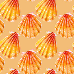 无缝的模式黄色的扇贝米色双壳类软体动物扇贝科米色背景自然的世界海洋夏天季节无缝的模式黄色的扇贝