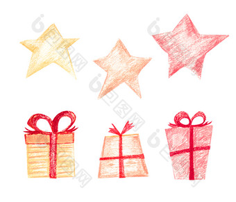 集圣诞节礼物和<strong>星星</strong>三个假期<strong>盒子</strong>包装纸与红色的丝带三个闪亮的<strong>星星</strong>红色的黄色的和橙色颜色新一年rsquo概念集圣诞节礼物和<strong>星星</strong>