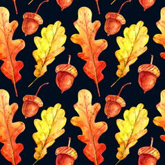 无缝的模式与橡木叶子和橡子水彩秋天叶子下降橙色和黄色的与色彩斑斓的滴和喷雾黑暗蓝色的背景模板为设计无缝的模式与橡木叶子和橡子