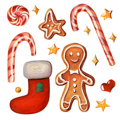 集圣诞节符号黄色的星星红色的心焦糖狗棒棒糖姜饼男人。红色的袜子与绿色圣诞节树星形的饼干孤立的白色背景集圣诞节符号