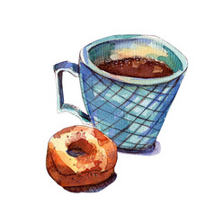 蓝色的杯子与咖啡和甜甜圈水彩插图咖啡与浓缩牛奶绿色海杯孤立的白色背景列宁格勒饺子秋天和冬天概念蓝色的杯子与咖啡和甜甜圈