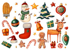 圣诞节集与假期符号驯鹿圣诞老人他圣诞节装饰礼物盒子星星雪人姜饼袜子贝尔圣诞节树和棒棒糖孤立的白色背景圣诞节集与假期符号