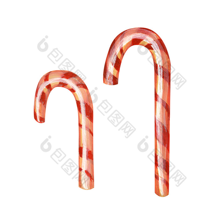 两个圣诞节条纹焦糖拐杖传统的甜蜜的糖果孤立的白色背景画现实的风格插图元素为设计两个圣诞节条纹焦糖拐杖